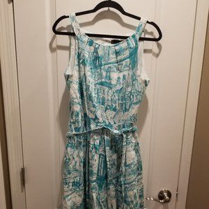 Chetta B Women's Cityscape Sleeveless Dress in White and Teal Size 14